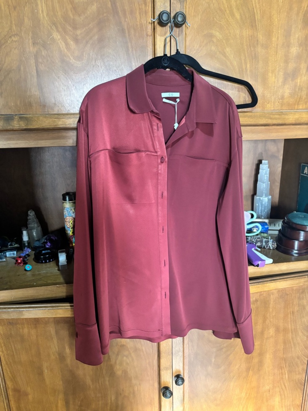 CO Burgundy Button-Up Collared Blouse